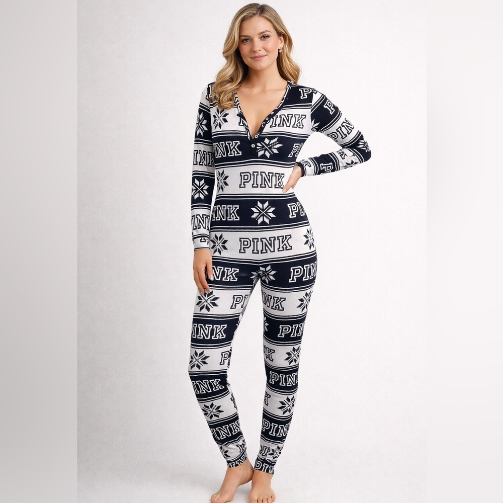 PINK Victoria’s Secret Thermal Henley Pajama Set Small Black White Logo Lounge